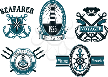 Nautical seafarer, voyager and vintage vessels emblems with anchors, helms, lighthouse, captain cap, compass and tridents framed by shield, ropes, chains with ribbon banners
