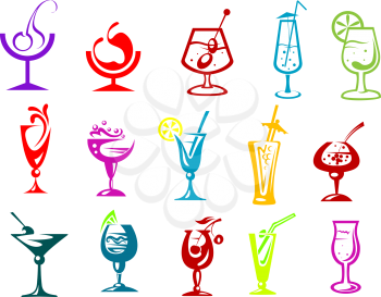 Fresh colorful cocktails, drinks and beverages in elegant glasses with straws, fruits and decorative umbrella. Outline sketch style
