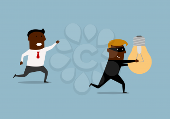 Black businessman running and chasing thief with a stolen idea in hands, for intellectual property or corporate espionage concept design. Cartoon flat style