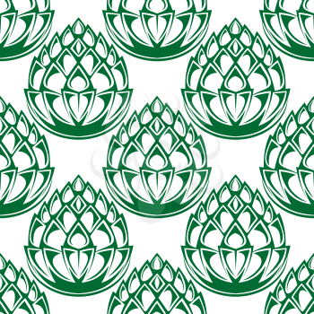 Green hop blloms seamless pattern in outline style, for agriculture or brewery background 