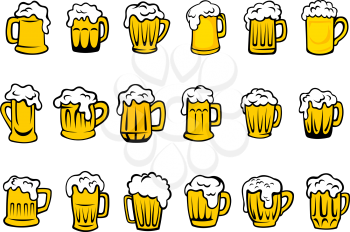 Glass or ceramic mugs and tankards filled of golden light beer with overflowing froth heads isolated on white background, for brewery emblem or beer party design