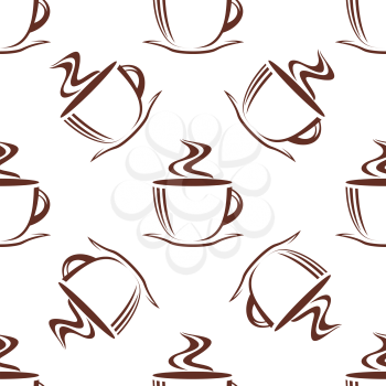 Steaming hot chocolate or coffee cups seamless pattern with elegant porcelain cups of hot beverage in outline style on white background