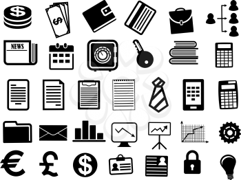Business icons and symbols in flat style with black finance documents and graphs, money signs, tablet pc and calculator, newspaper, safe, wallet, briefcase, key and padlock. For business infographics 