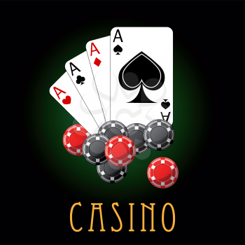 Casino icon or symbol with card and chips, on black background. For gambling, entertainment and leisure concept design