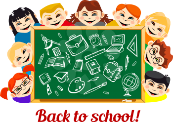 Back to school concept in cartoon style with happy kids characters behind the chalkboard with school supplies and stationery chalk drawings