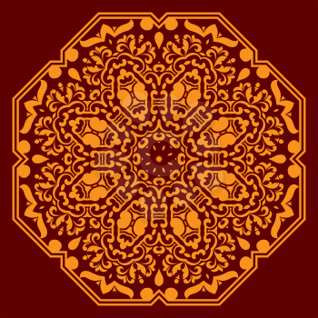 Orange floral pattern with circular ornament of abstract flowers, geometric elements, curved lines and curlicues on dark red background