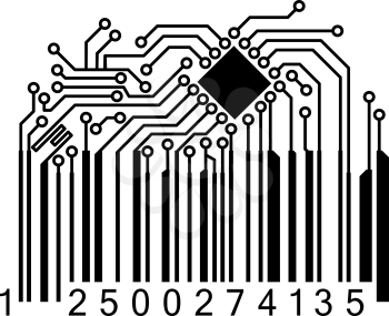 Bar code with circuit board layout elements and chip on the top isolated on white background, for computer technology or retail concept design