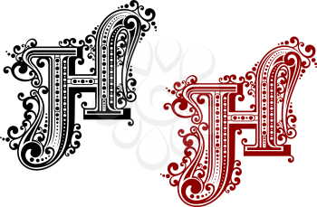 Black and red capital letter H in calligraphic floral style with decorative flourishes isolated on white background