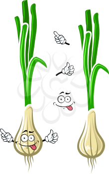 Green onion vegetable cartoon character with long sprouts and white round bulb, for healthy food or agriculture design