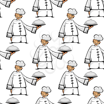 Chinese cook in oriental stylized uniform with silver tray in the hand seamless pattern for restaurant design