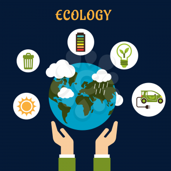 Ecology concept in flat style with hands holding Earth planet and round white icons of sun, garbage recycling, battery indicator, green energy and electric car