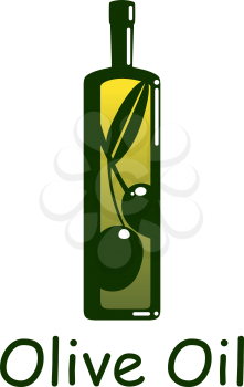 Olive oil in dark green bottle decorated by silhouette of olive tree branch, fruits and leaf. For healthy food design