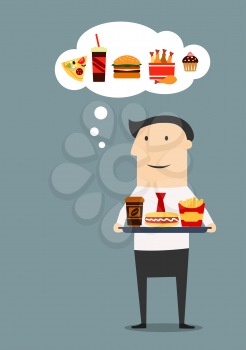 Office worker or manager carrying a tray with paper cup of coffee, hot dog and french fries box with thought bubble showing fast food products as pizza, cola, burger, fried chicken, cake. Cartoon flat