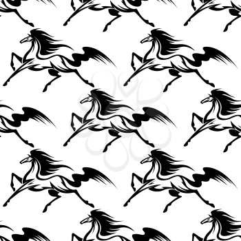 Black graceful horses with curly manes and tails seamless pattern, for textile or equestrian sports design