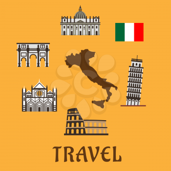 Italy flat travel symbols and icons with map silhouette surrounded by national flag, tower of Pisa, Colosseum, arch of Constantine, Sienna cathedral and st. Peter Basilica