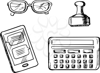 Smartphone with chat messages, calculator, glasses and retro rubber stamp. Sketch icons and symbols