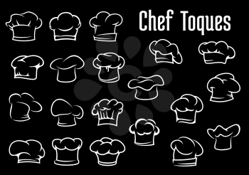 Chef and cook hats, caps ot toques icons isolated on black background for restaurant or cafe design