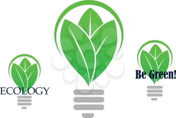 Save energy icon with with a stylized light bulb incorporating green leaves in three variants, one with no text, other with caption