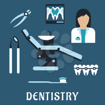 Dentist profession flat icons and symbols with doctor, equipment, tooth, braces, toothpaste and tooth brush