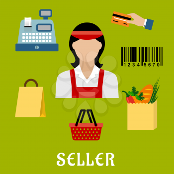Seller profession concept with shopping icons including a bag, till or cash register, credit card payment, bar code and bag of groceries around a female shop assistant