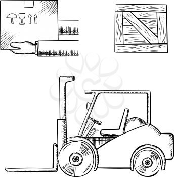 Delivery and logistics service concept with carrying box in hands, wooden crate and forklift truck, outline sketch style