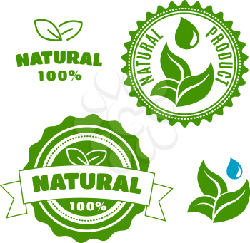 Natural product labels and badges with sappy green leaves, water drops and ribbon banner. For retail industry design