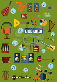 Musical flat icons with saxophone, electric guitar, synthesizer, balalaika, drum set, harps, accordion, ethnic stringed instruments, acoustic system, microphones, headphones, digital player and notes