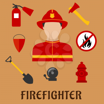 Firefighter profession flat icons with man in red protective helmet and suit, flanked by fire axe, conical bucket and shovel, extinguisher, fire alarm, hydrant and prohibition sign  