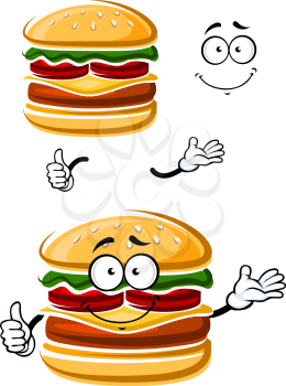 Cartoon happy cheeseburger character with patty, fresh tomatoes, lettuce leaf, cheese and bread bun with sesame seeds, giving thumb up sign. For fast food or takeaway cafe menu theme
