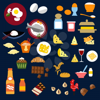 Food and drinks flat icons of bread, butter, cheese, wine, porridge, fish, chinese food, dairy, cupcake, croissant, chocolate bars and candies, juice, nuts