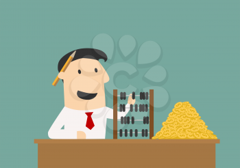 Rich businessman counting with wooden abacus a big pile of golden coins, for wealth concept design. Cartoon flat style