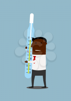 African american businessman measures the business climate with large glass thermometer, cartoon flat style