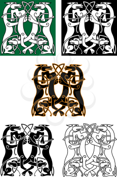 Entwined mythical wolf and dog beasts standing facing each other in a square design, celtic ornament style