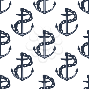 Seamless pattern of nautical ship anchors with wavy chains on white background, for marine adventure or naval themes design