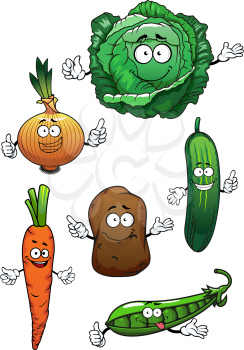 Fresh cartoon green cabbage, cucumber and pea, sweet orange carrot, onion and potato vegetable characters, for agriculture or vegetarian food themes