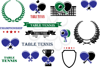 Table tennis game heraldic elements with balls, bats, net and trophy, supplemented by heraldic shield, laurel wreaths, ribbon banners and stars
