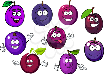 Tasty purple plum fruits cartoon characters with green leaves and playful smiling face, for agriculture or healthy food