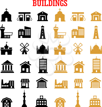 Building flat icons set with black and yellow house, bank, store, office, factory, school, hospital, church, apartment, gas station, museum, tv tower, garage, farm, mosque, castle, lighthouse and wind