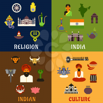 Indian culture, religion, travel and national flat icons with of map, flag, temples, animals of worship, musical instruments, tea leaves, sculptures of gods, traditional clothes