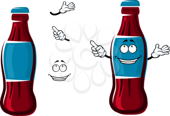 Smiling sweet soda bottle cartoon character with blue cap and label, showing finger away, for soft drink or fast food theme