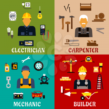 Builder, electrician, mechanic and carpenter profession flat icons showing men with hand and power tools, equipment and industrial symbols