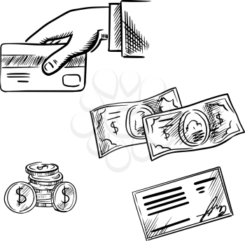 Dollar bills and coins, bank credit card in hand and bank cheque. Sketch icons for payment methods and banking transaction theme