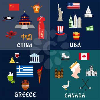 USA, China, Greece and Canada travel and landmarks flat icons with traditional culture, religion, architecture, cuisine and national symbols