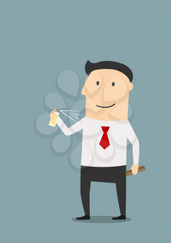 Cartoon smiling businessman spraying cologne or deodorant on skin, preparing for new working day