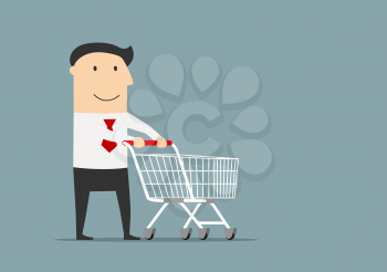 Friendly smiling cartoon businessman with empty shopping cart, ready for shopping
