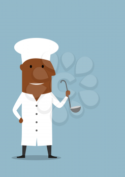 Smiling african american chef or cook in white uniform coat and toque hat, standing with ladle in hand. Cartoon flat style 