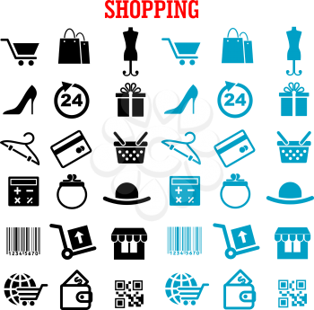 Shopping and commerce flat icons with black and blue shopping carts, basket and bags, bank credit card, wallets, money, delivery, barcode, store, qr code, gift box, 24 hours sign, calculator, shoes, h