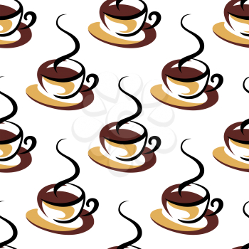 Seamless retro pattern with cups of hot coffee, adorned by steams on white background. For food and drink theme design