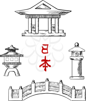 Traditional japanese architecture icons with bridge, temple and stone lanterns. For oriental culture ot travel design, sketch icons