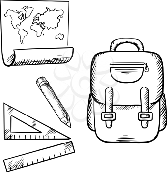 School backpack, world map, pencil, rulers. Sketch icons for back to school or education themes design 